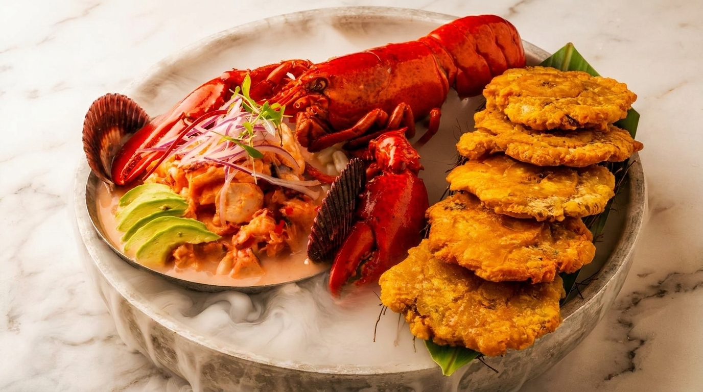 A whole cooked lobster, ceviche with avocado, and fried plantains on a bed of dry ice.