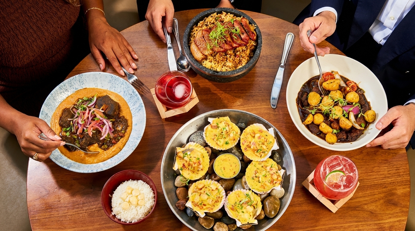 Diners enjoy a table laden with various dishes, including scallops, rice, and meat entrees, with cocktails.