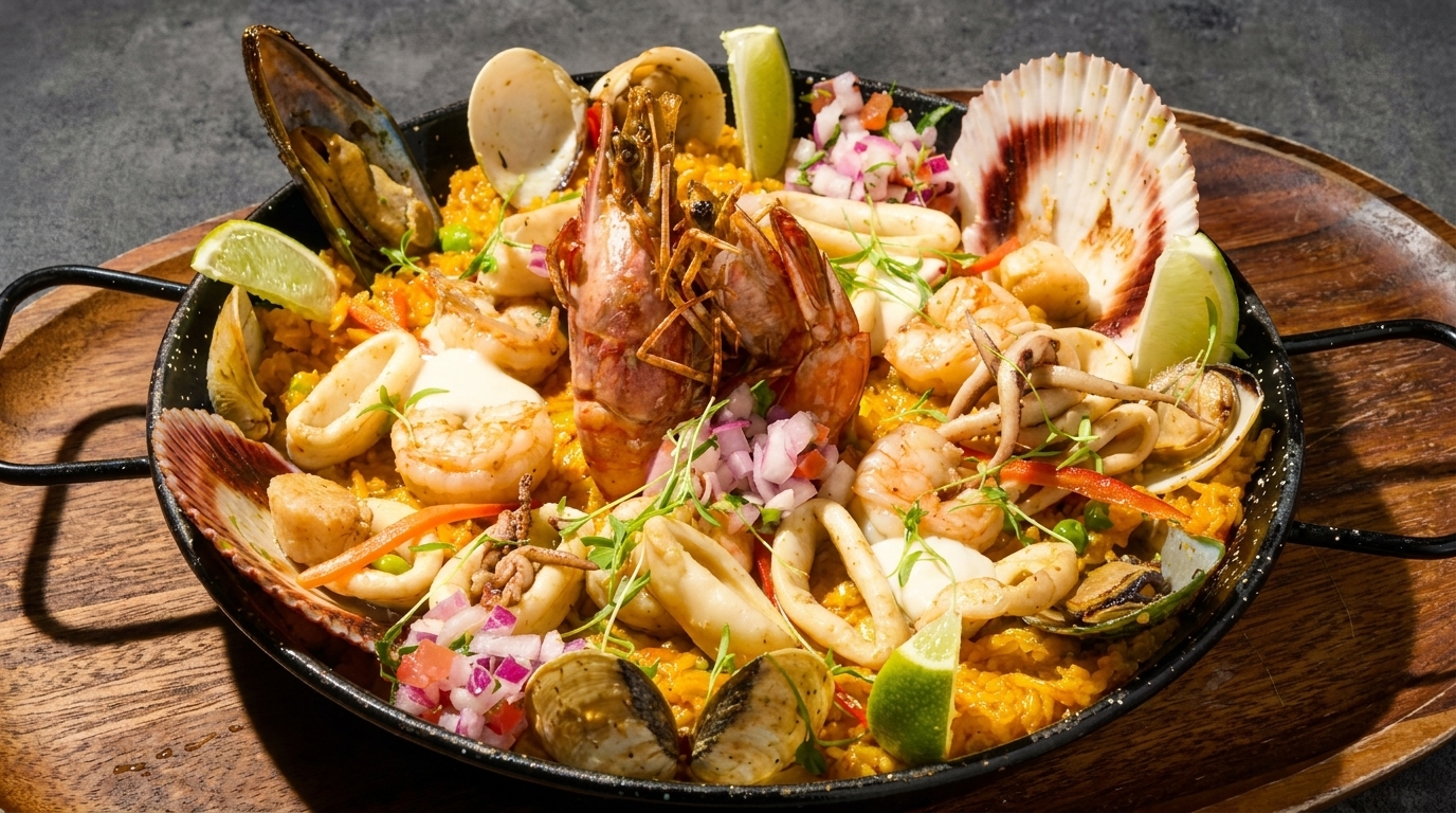 A large pan of seafood paella with prawns, squid, mussels, scallops, and clams, garnished with lime.