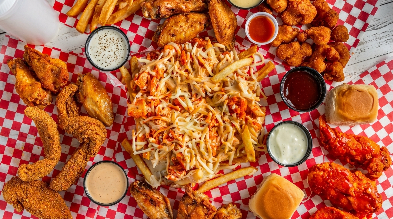 Overhead view of various fried chicken, fries, sauces, and bread rolls on red and white checkered paper.