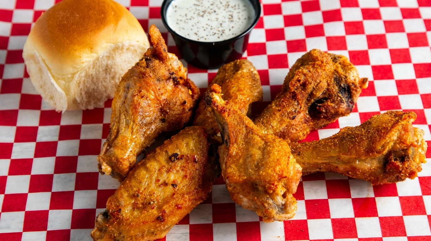 Crispy fried chicken wings, a dinner roll, and a cup of ranch dressing on red and white checkered paper.
