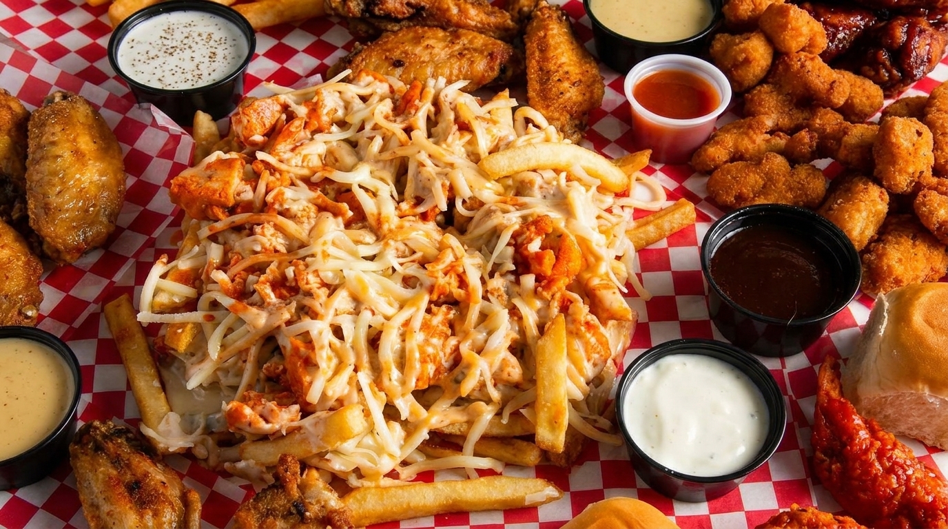 A platter of loaded fries with cheese and chicken, surrounded by chicken wings, nuggets, and dipping sauces.