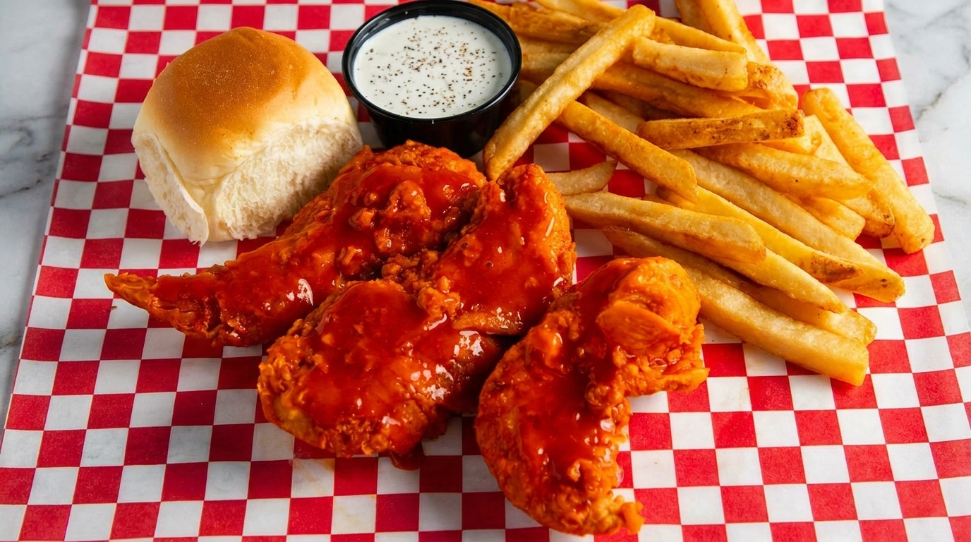 Buffalo chicken tenders, french fries, a dinner roll, and ranch dressing on red and white checkered paper.