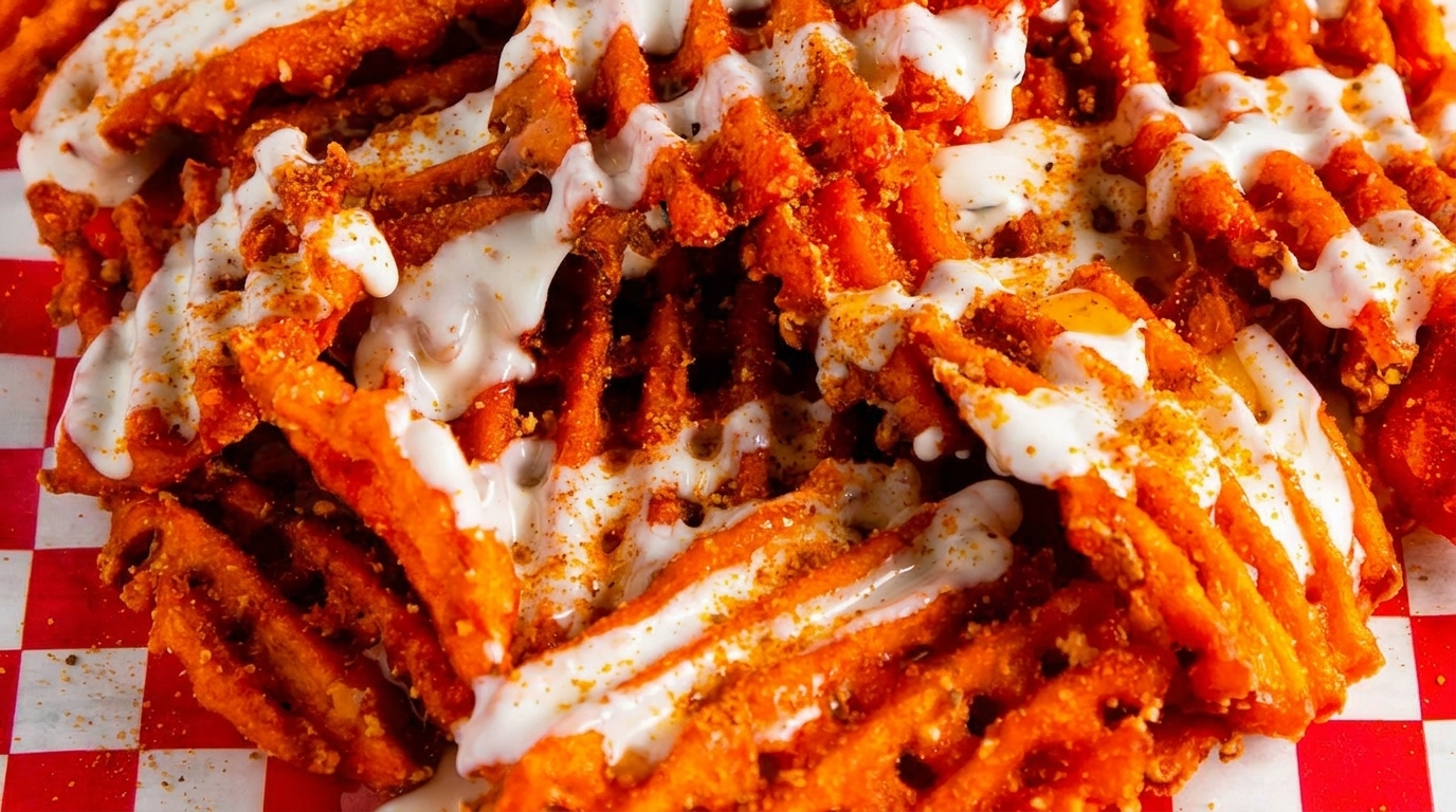 Close-up of waffle-cut sweet potato fries drizzled with white sauce and sprinkled with seasoning.