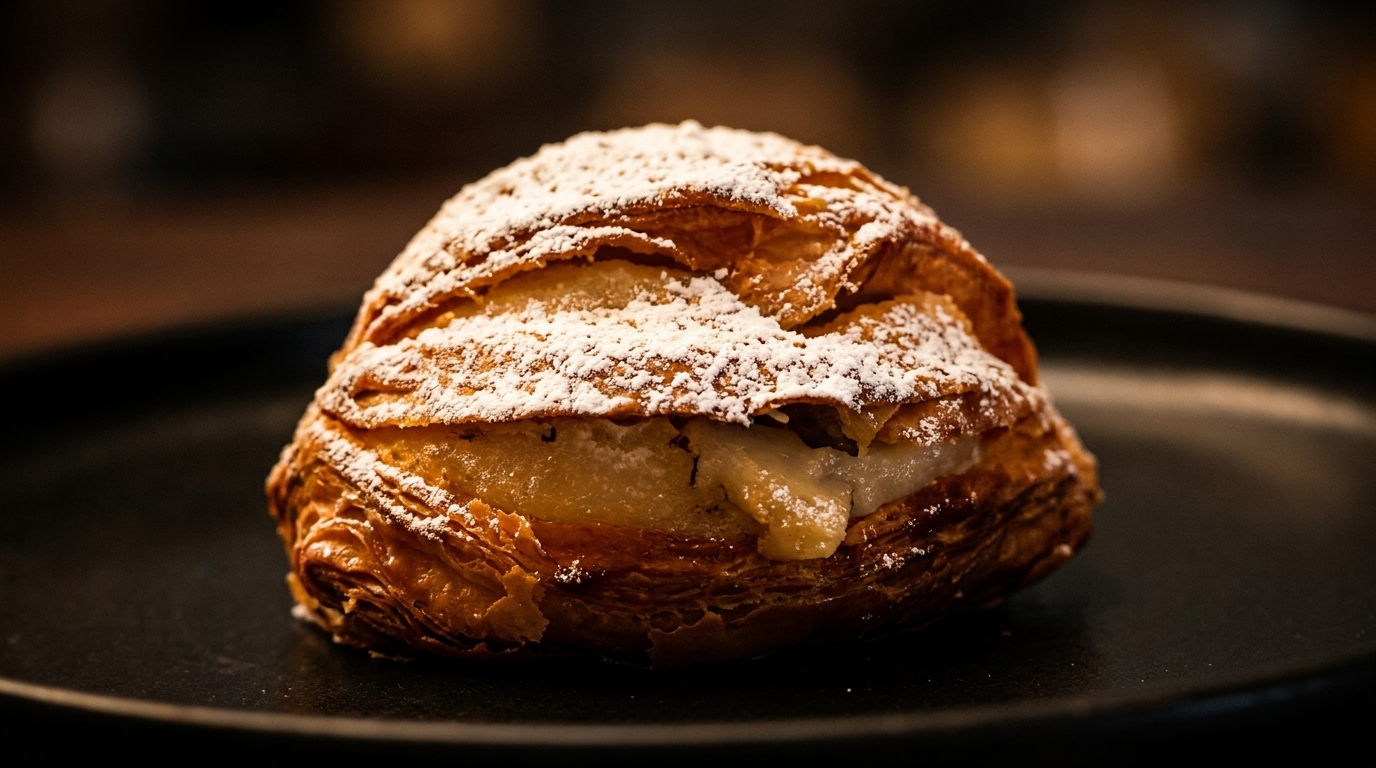 A golden-brown pastry dusted with powdered sugar, filled with a creamy white and yellow filling, on a dark plate.