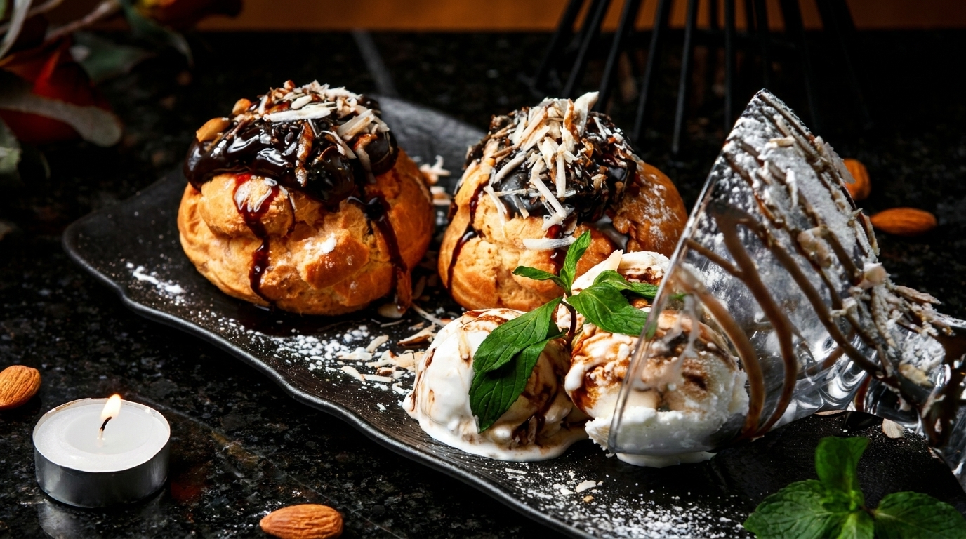 Two cream puffs with chocolate and nuts, ice cream, and a lit candle on a dark plate.