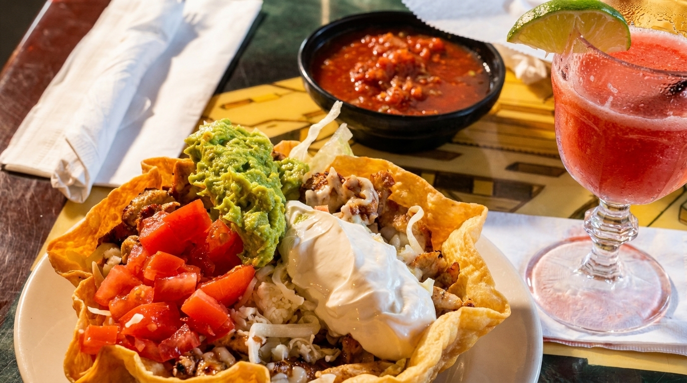 Chicken taco salad in a fried tortilla bowl with guacamole, salsa, and a strawberry margarita.
