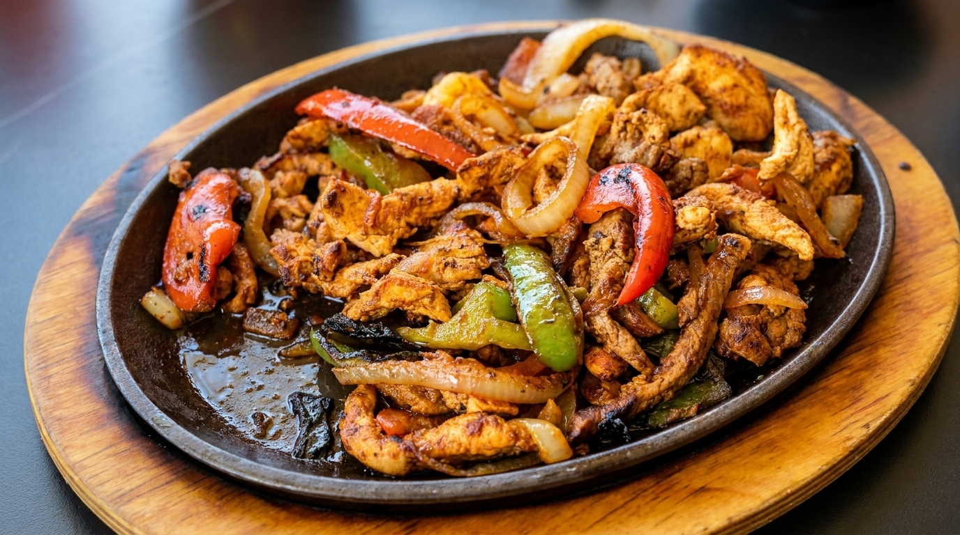 Sizzling chicken and beef fajitas with colorful bell peppers and onions on a cast iron skillet.