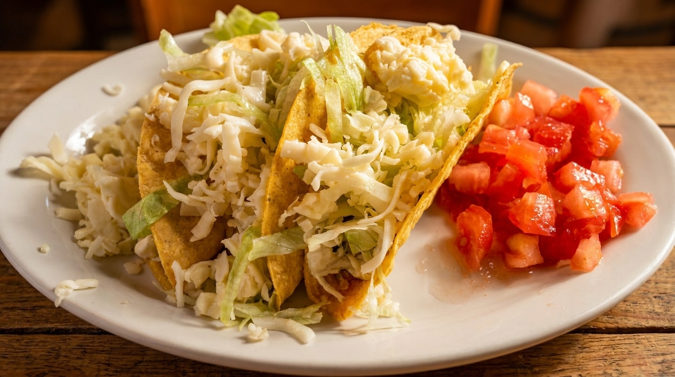 Three crispy tacos filled with shredded lettuce and cheese, served with diced tomatoes on a white plate.