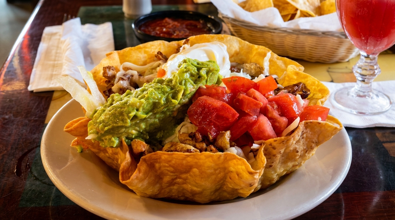 A taco salad in a crispy tortilla bowl, topped with guacamole, tomatoes, and sour cream.