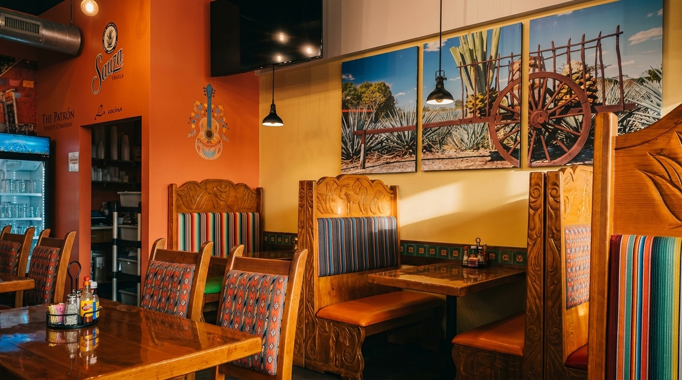 Colorful Mexican restaurant interior with wooden booths, patterned cushions, and agave field artwork.