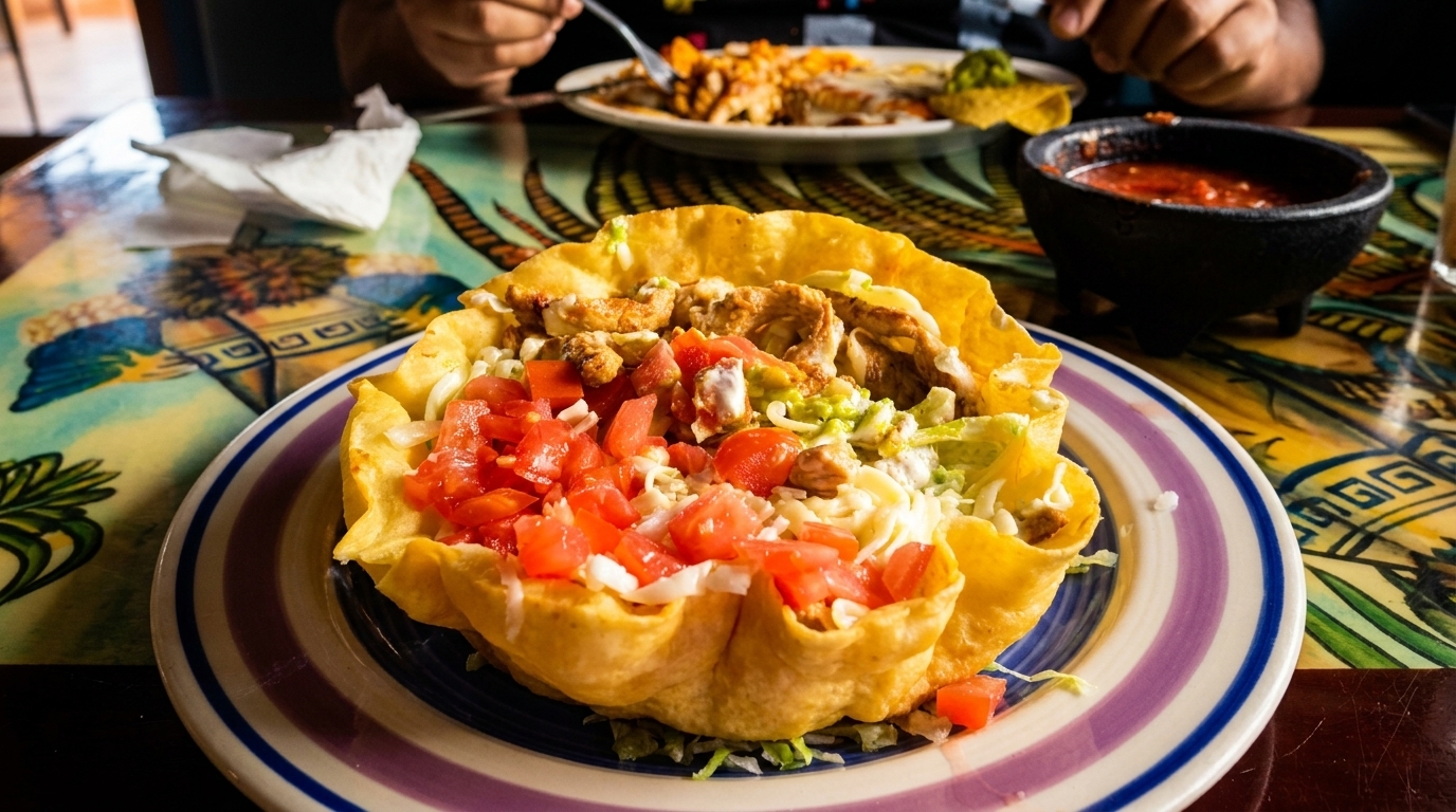 A taco salad in a crispy tortilla bowl with chicken, lettuce, tomatoes, and cheese on a colorful table.