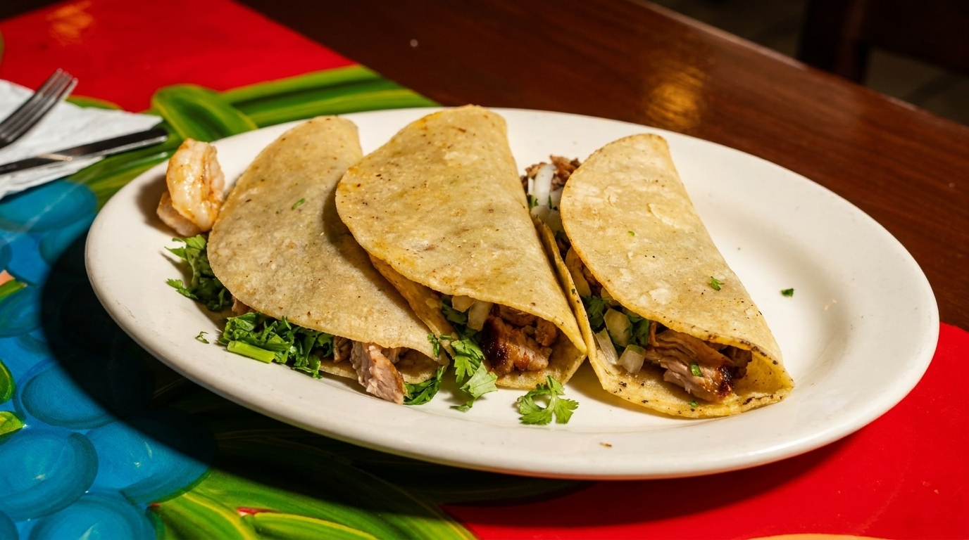 Three street tacos with meat, onions, and cilantro, plus a shrimp, on a white plate.