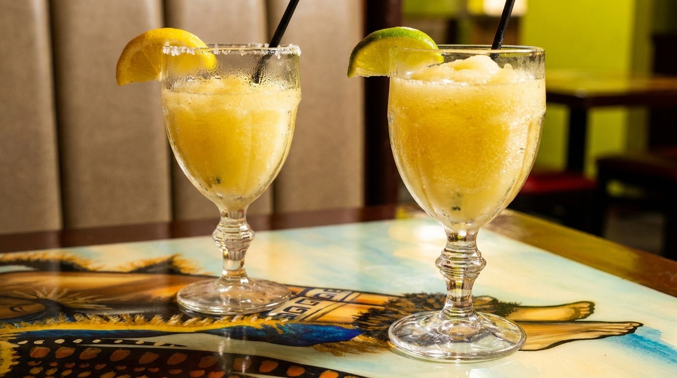 Two frosty yellow frozen drinks, one garnished with a lemon slice, the other with a lime, on a colorful table.