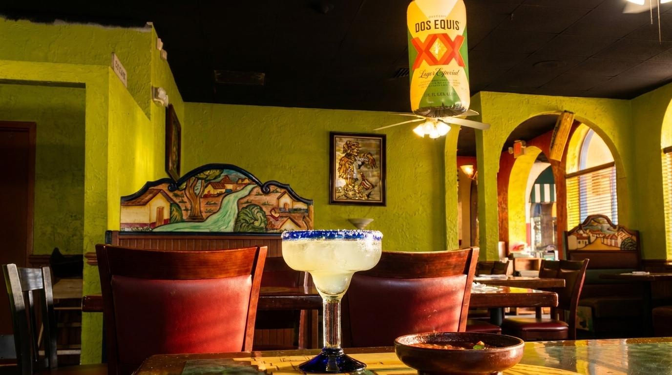Margarita and salsa on a table in a vibrant Mexican restaurant with lime green walls and arched doorways.