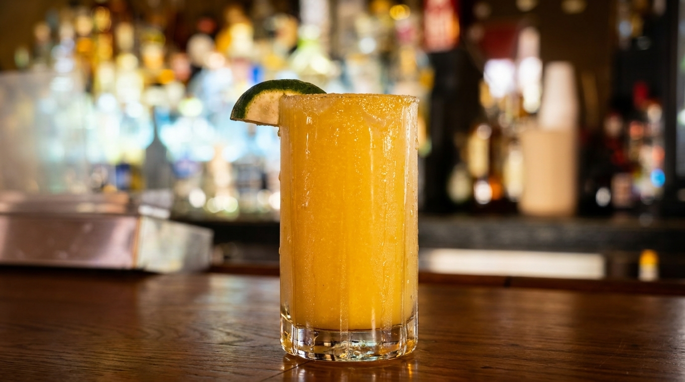 A frosty yellow margarita with a lime wedge sits on a wooden bar counter.