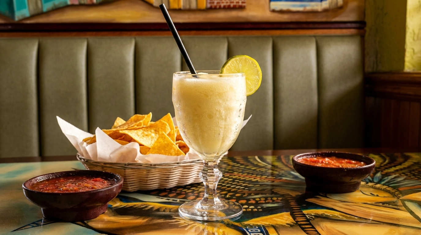 Frozen margarita with lime, tortilla chips in a basket, and two bowls of salsa on a colorful table.