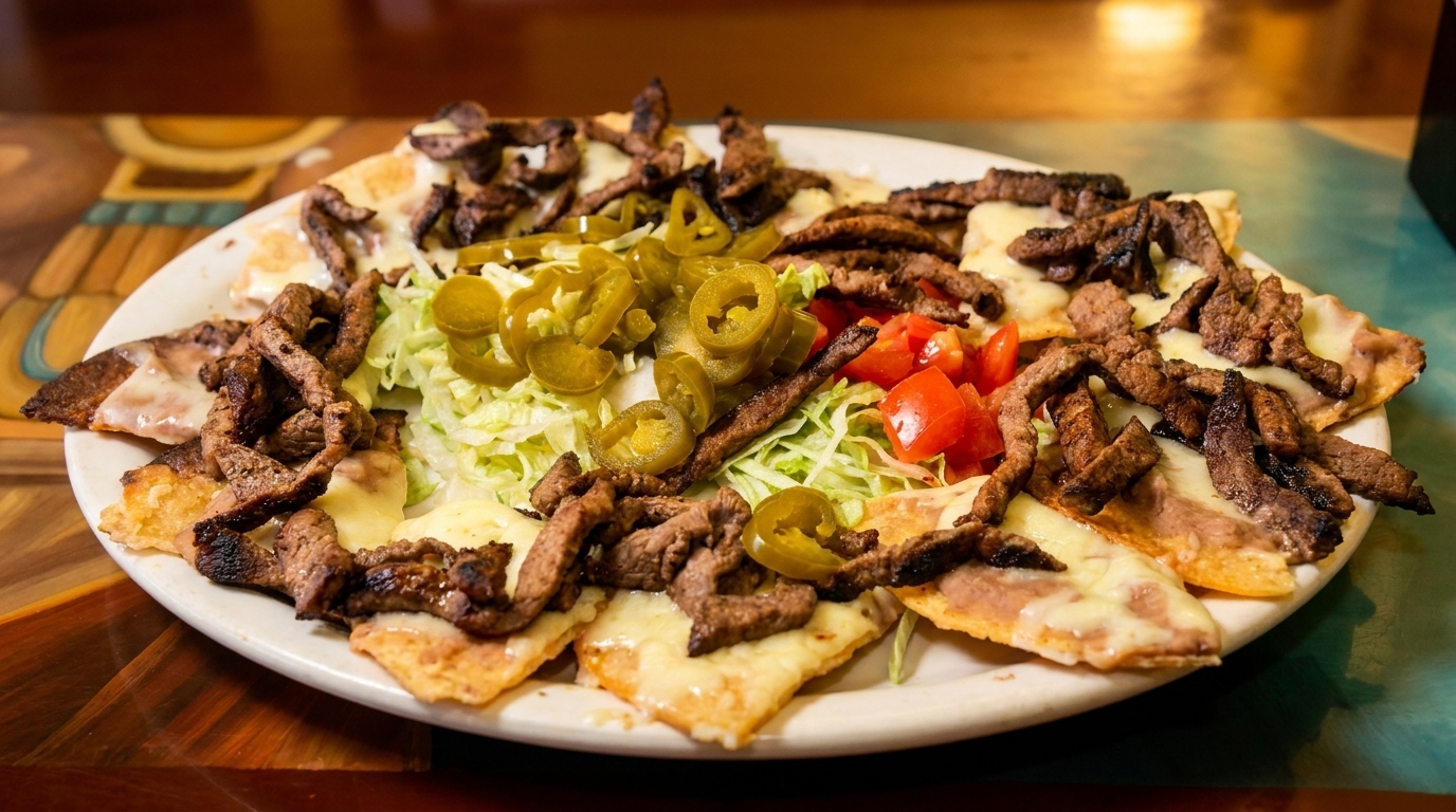 A plate of steak nachos with melted cheese, shredded lettuce, diced tomatoes, and sliced jalapeños.
