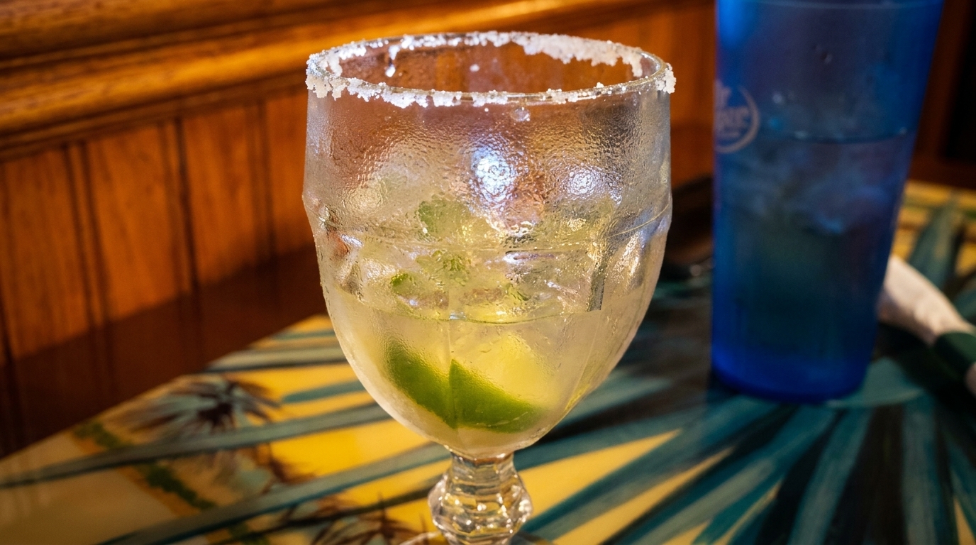 A frosty margarita with a salted rim and lime wedges, next to a blue drink on a tropical-patterned table.