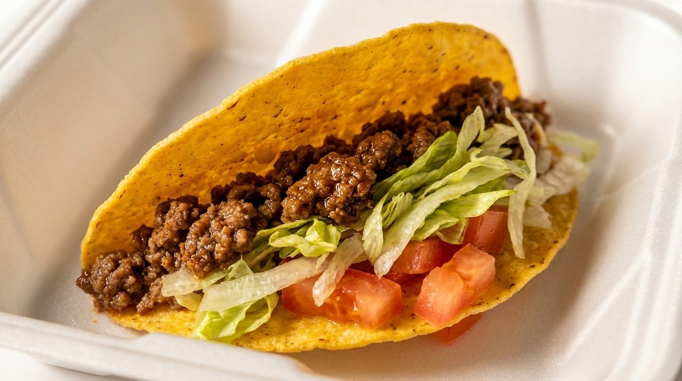 A crispy hard-shell taco filled with seasoned ground beef, shredded lettuce, and diced tomatoes in a white container.