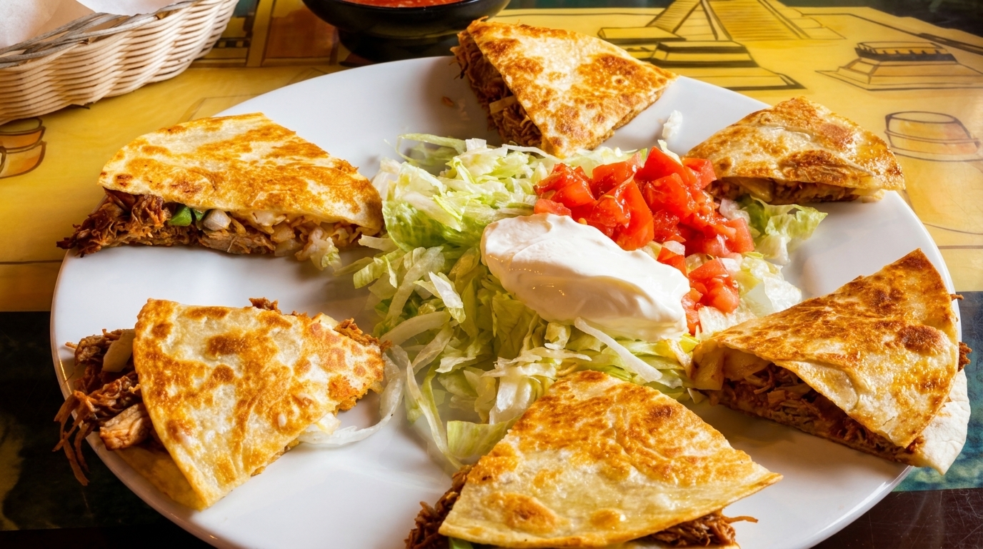 A white plate holds five quesadilla wedges with shredded meat, lettuce, diced tomatoes, and sour cream.