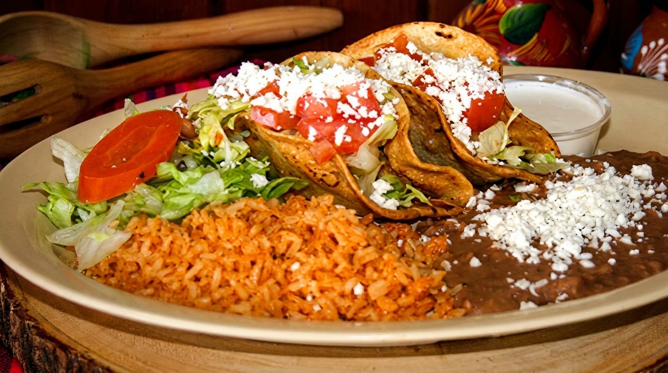 Three crispy tacos with lettuce, tomatoes, and cheese, served with rice, refried beans, and sour cream.