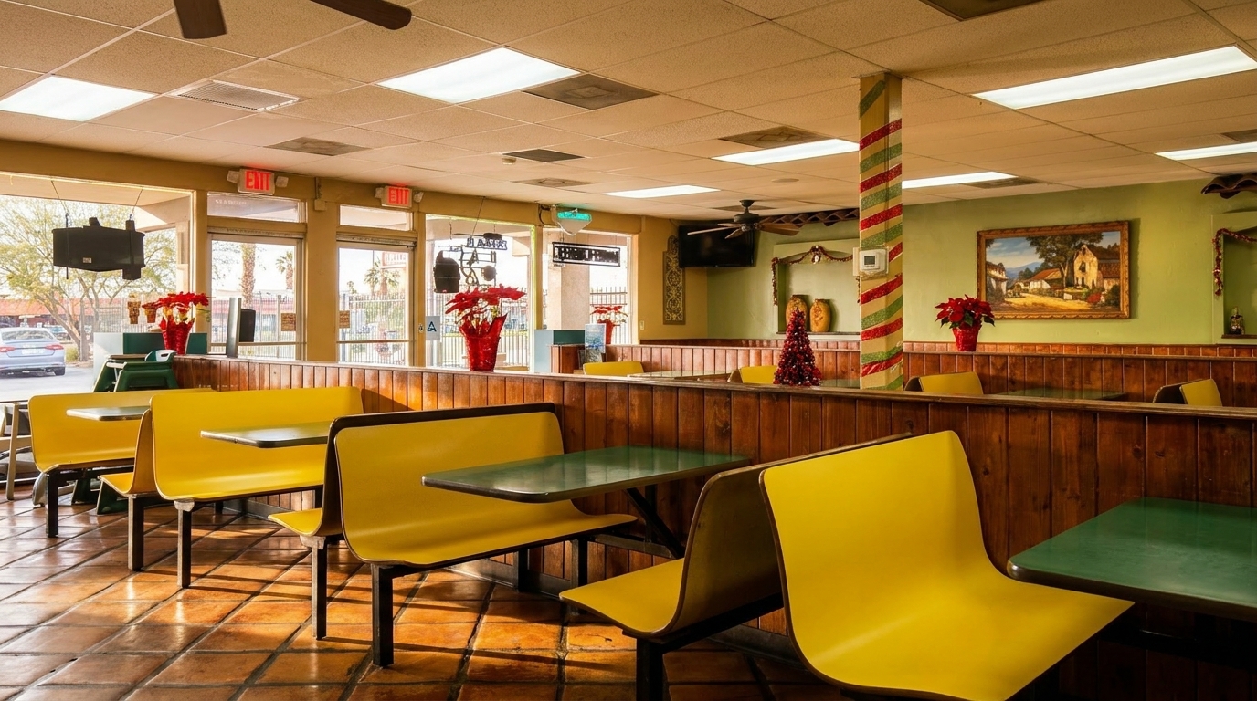 Brightly lit restaurant interior with yellow booths, green tables, wood paneling, and festive decorations.