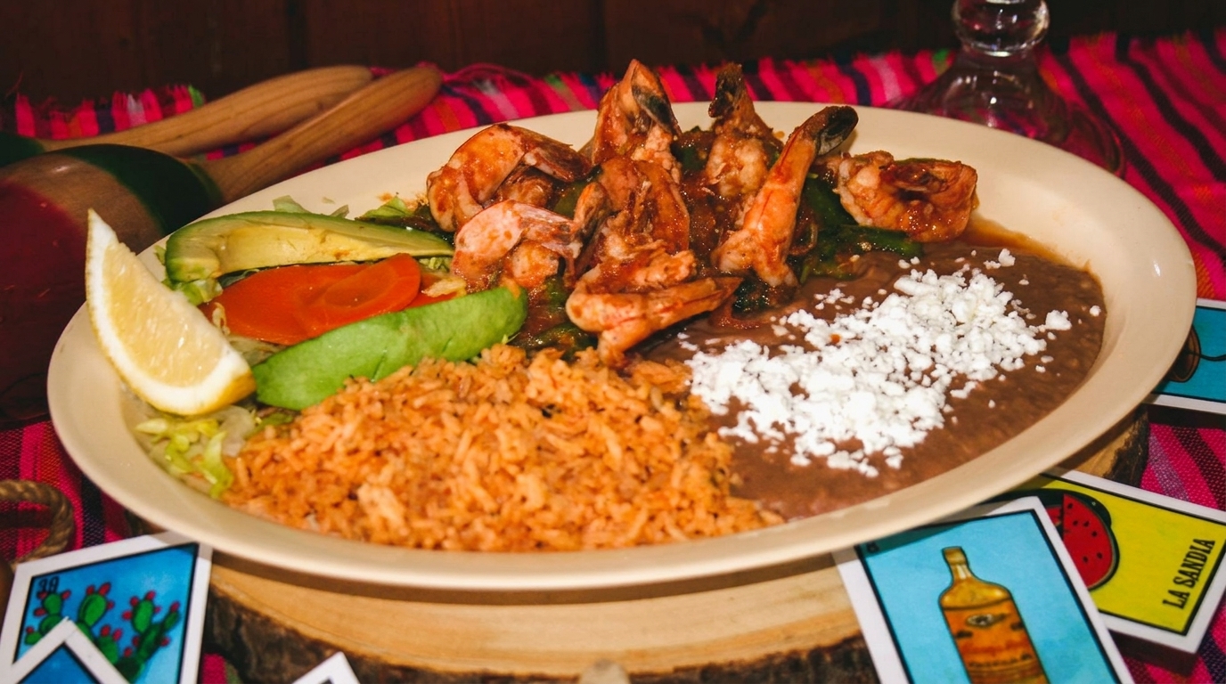 Shrimp dish with rice, refried beans, avocado, tomato, and a lemon wedge on a rustic table.