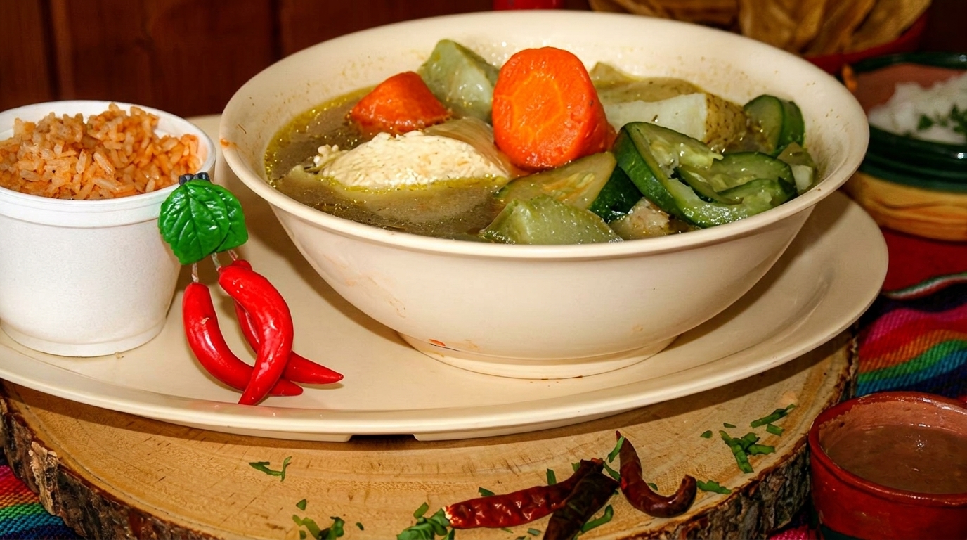 A bowl of caldo de pollo with carrots and chayote, served with rice and chiles.