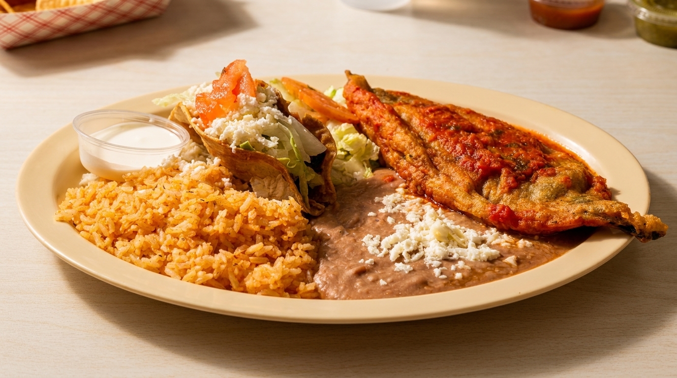 A Mexican combo plate with two tacos, rice, refried beans, and a chile relleno.