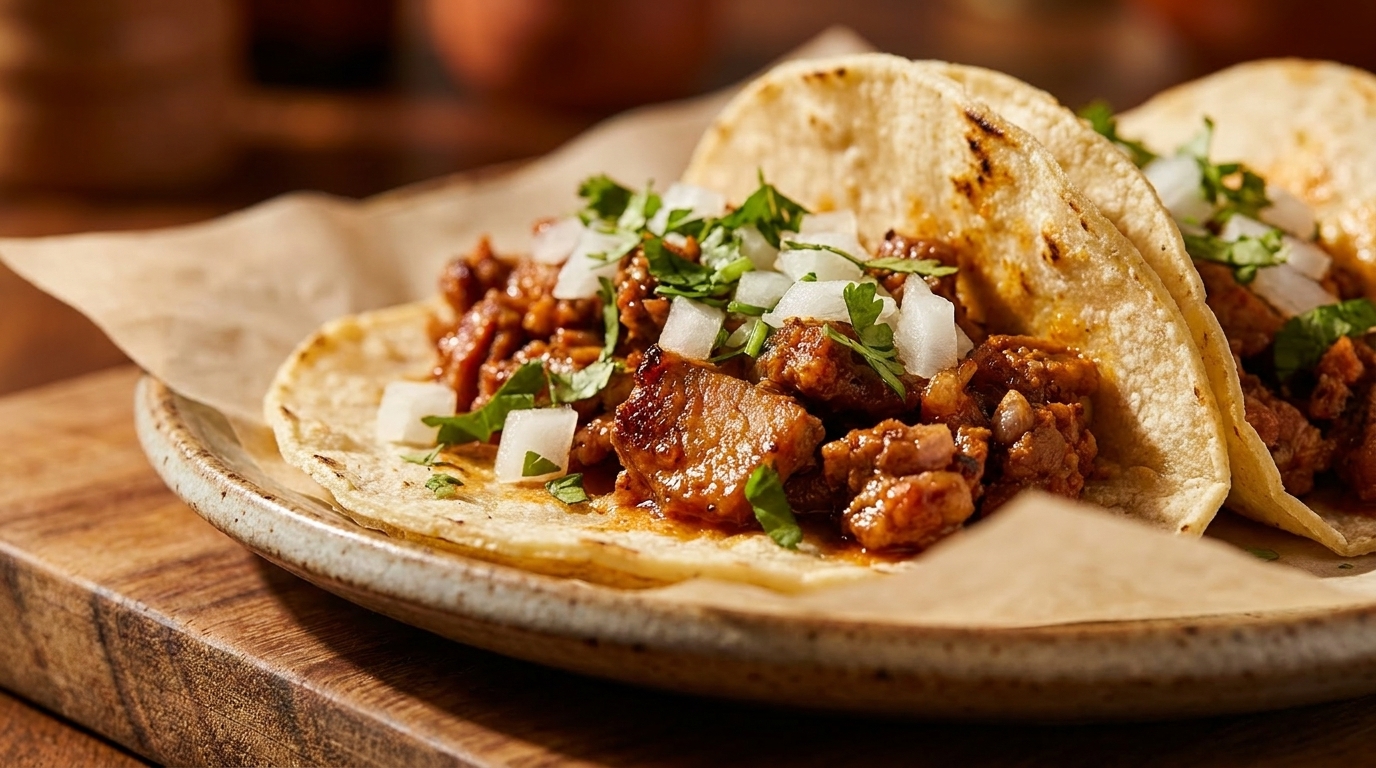 Two delicious tacos with meat, diced onions, and cilantro on a plate with parchment paper.