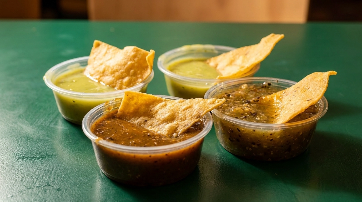 Four plastic cups of salsa, two green and two brown, with tortilla chips dipped in each.