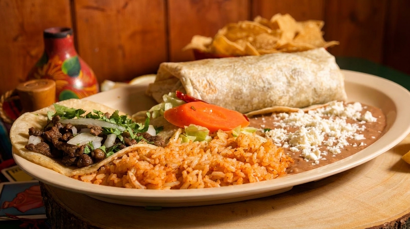 A plate of Mexican food with a taco, burrito, rice, and refried beans with cheese.
