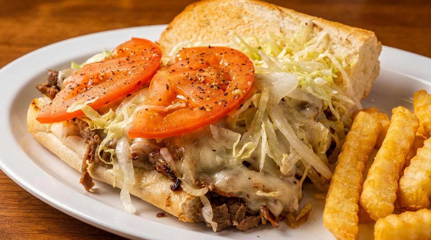Cheesesteak sandwich with melted cheese, onions, lettuce, tomatoes, and fries on a white plate.