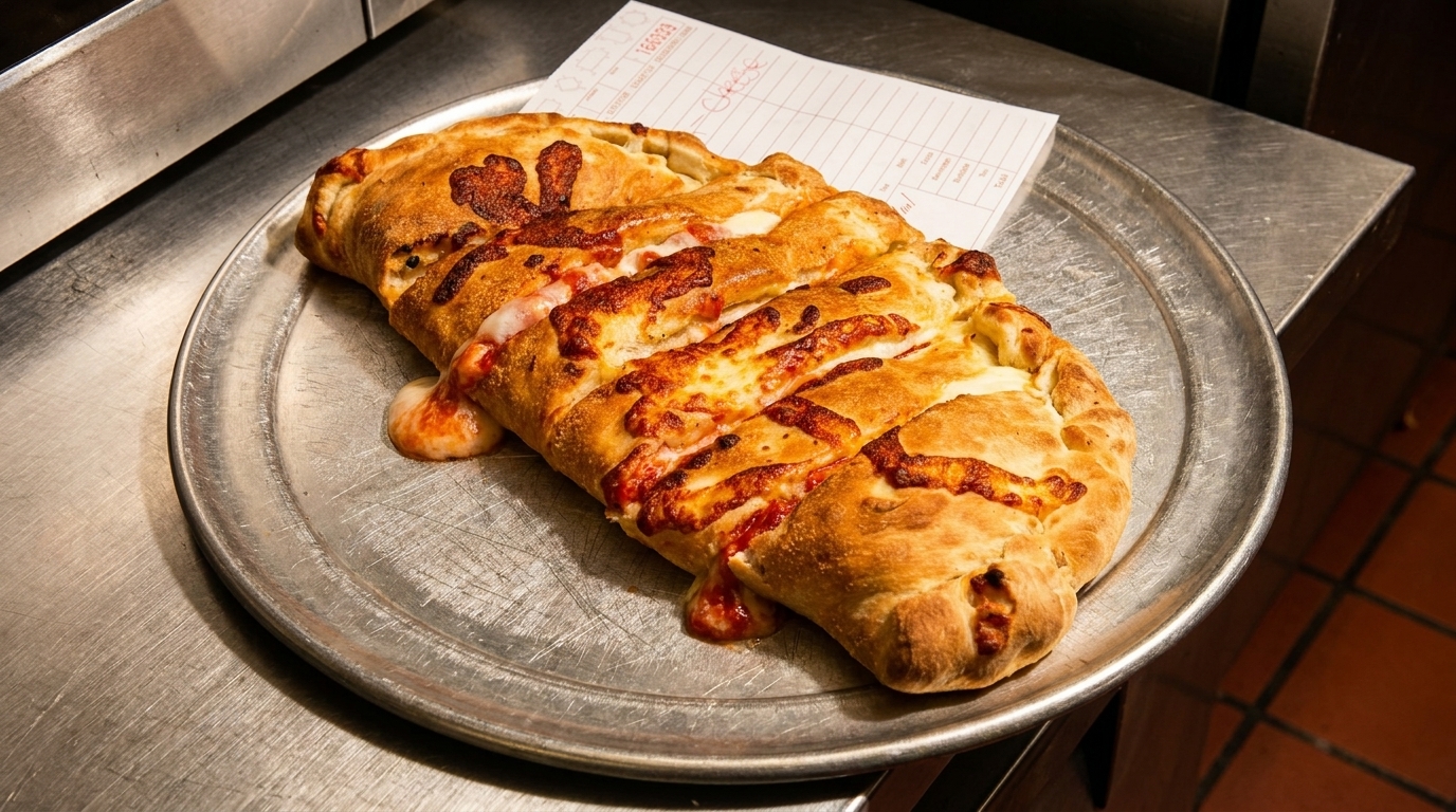 A golden-brown calzone with melted cheese and sauce on a metal tray with a paper order ticket.