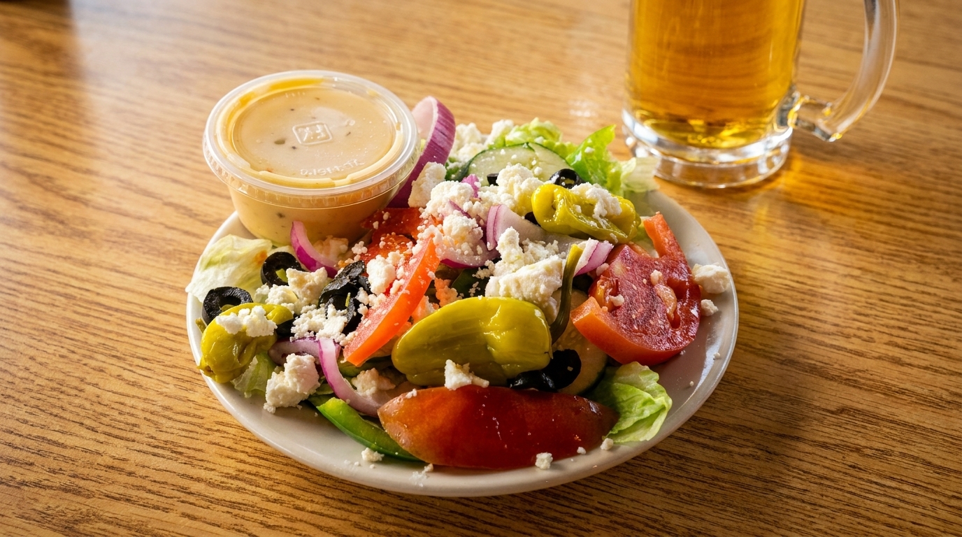 A vibrant Greek salad with feta, olives, tomatoes, and peppers, alongside a beer on a wooden table.