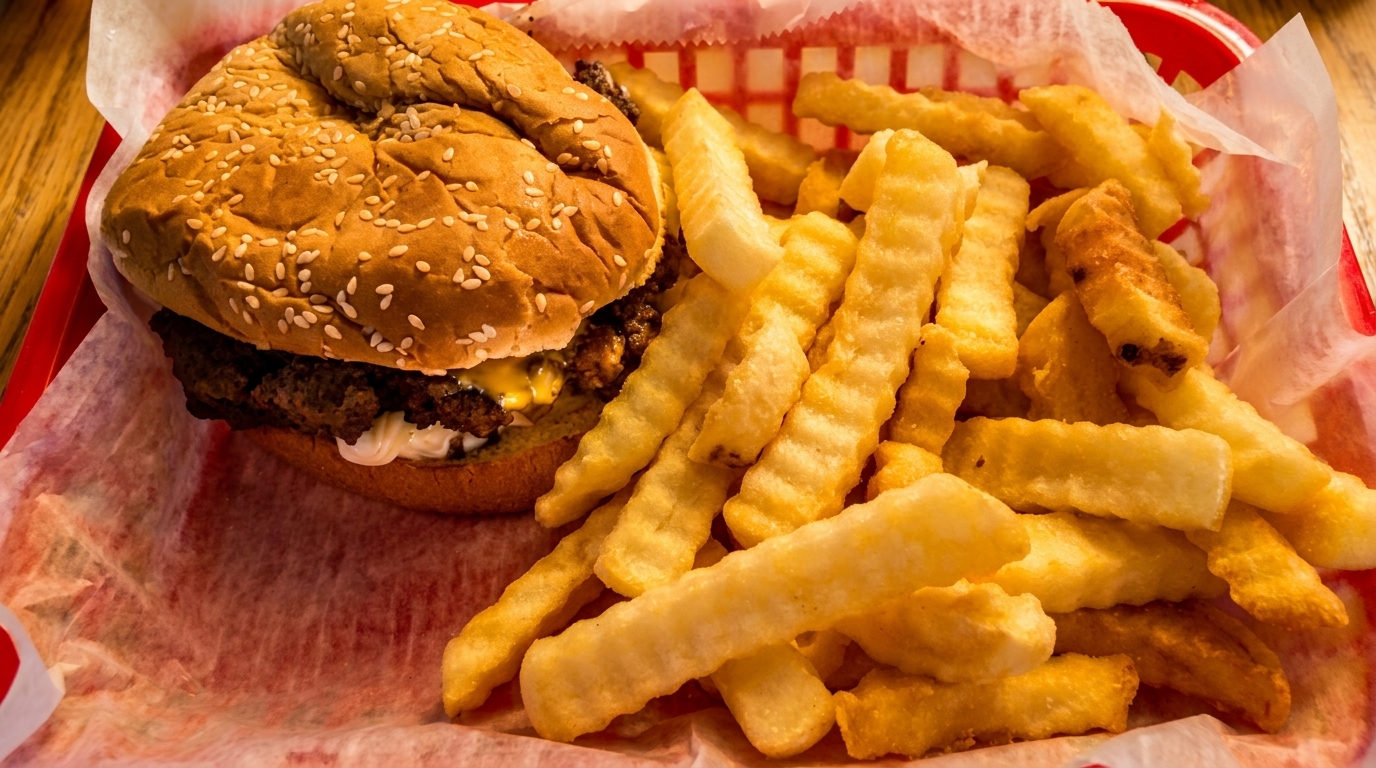 A cheeseburger with sesame seed bun and crinkle-cut fries in a red plastic basket.