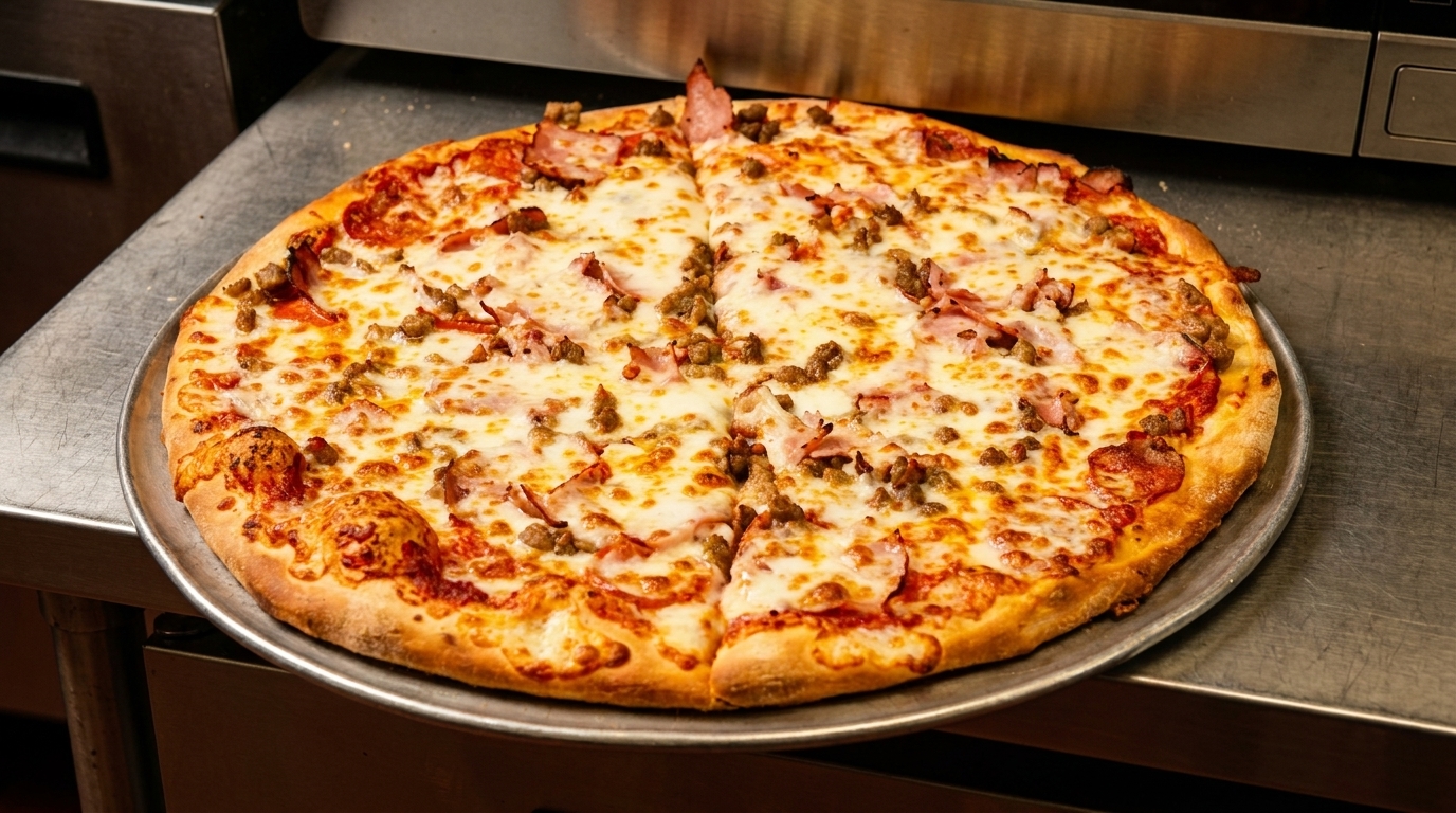 A freshly baked meat lover's pizza with pepperoni, sausage, and ham on a metal tray.