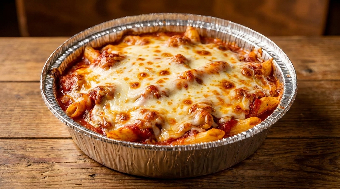 Baked ziti pasta with melted cheese and red sauce in a foil container on a wooden table.