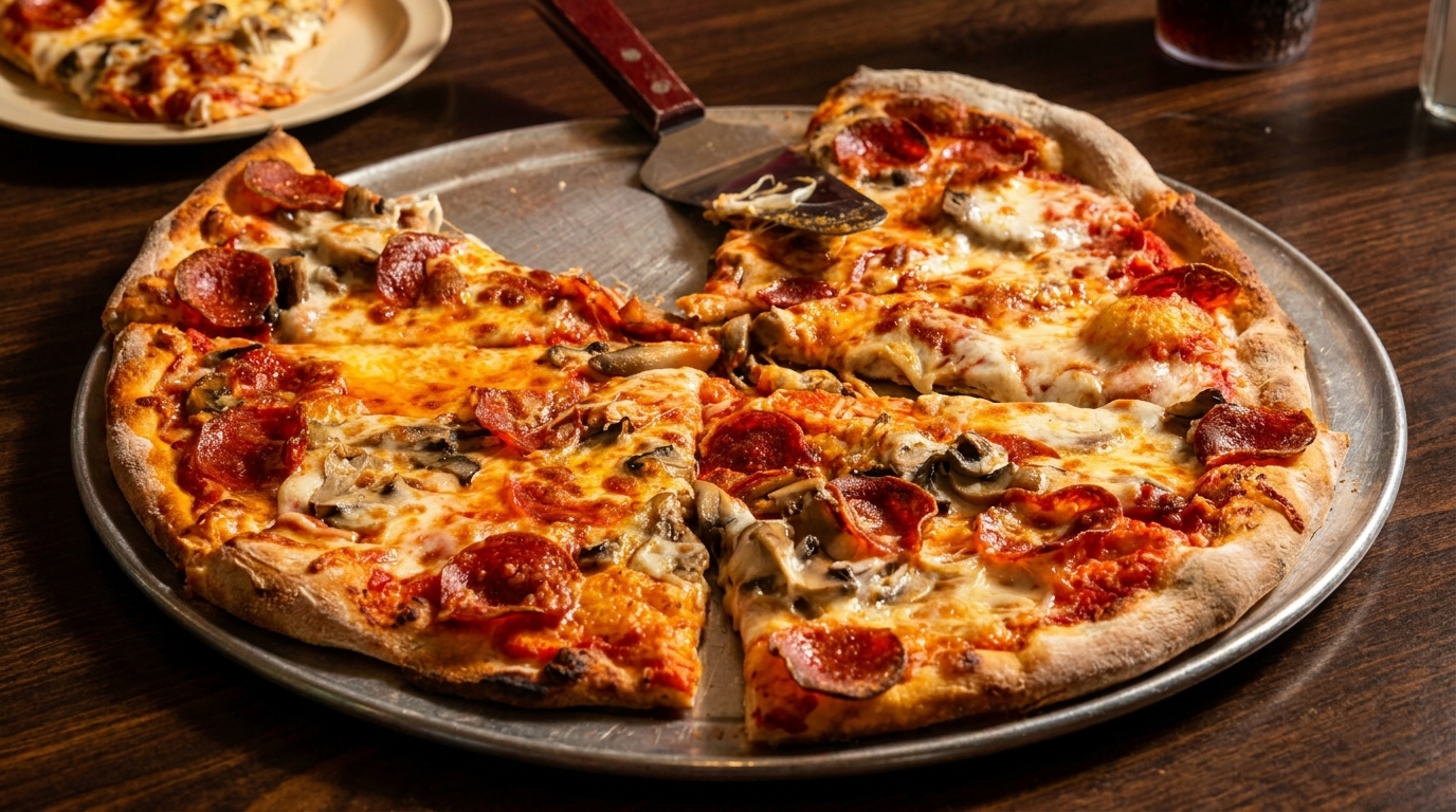 A large pepperoni and mushroom pizza with a slice removed, on a metal pan.