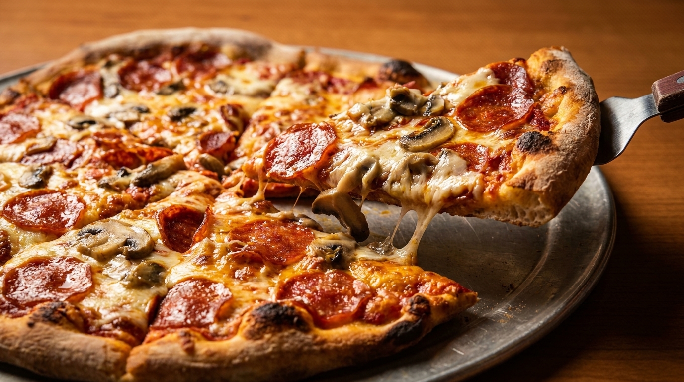 A slice of pepperoni and mushroom pizza being lifted from a whole pizza, with cheese stretching.