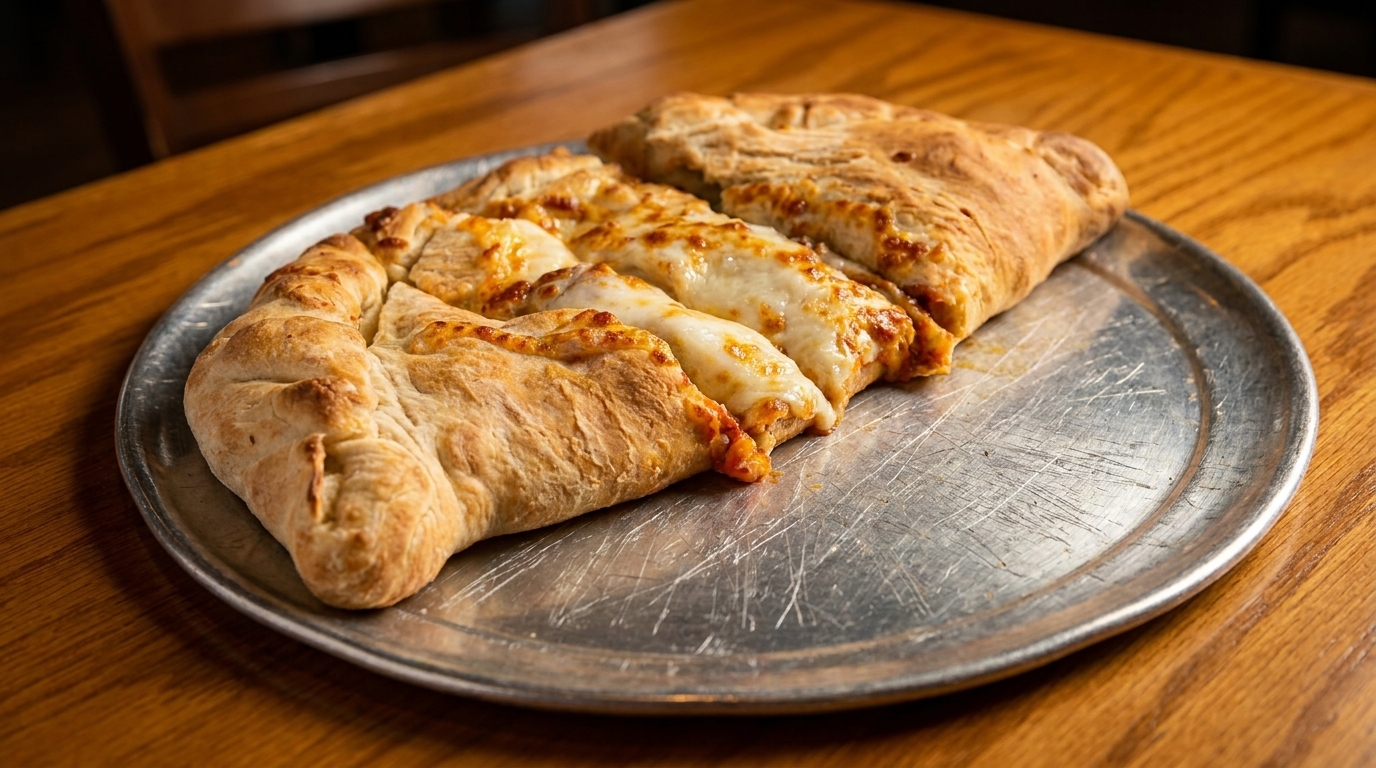 A golden-brown calzone, sliced open to reveal melted cheese and sauce, on a metal pizza pan.