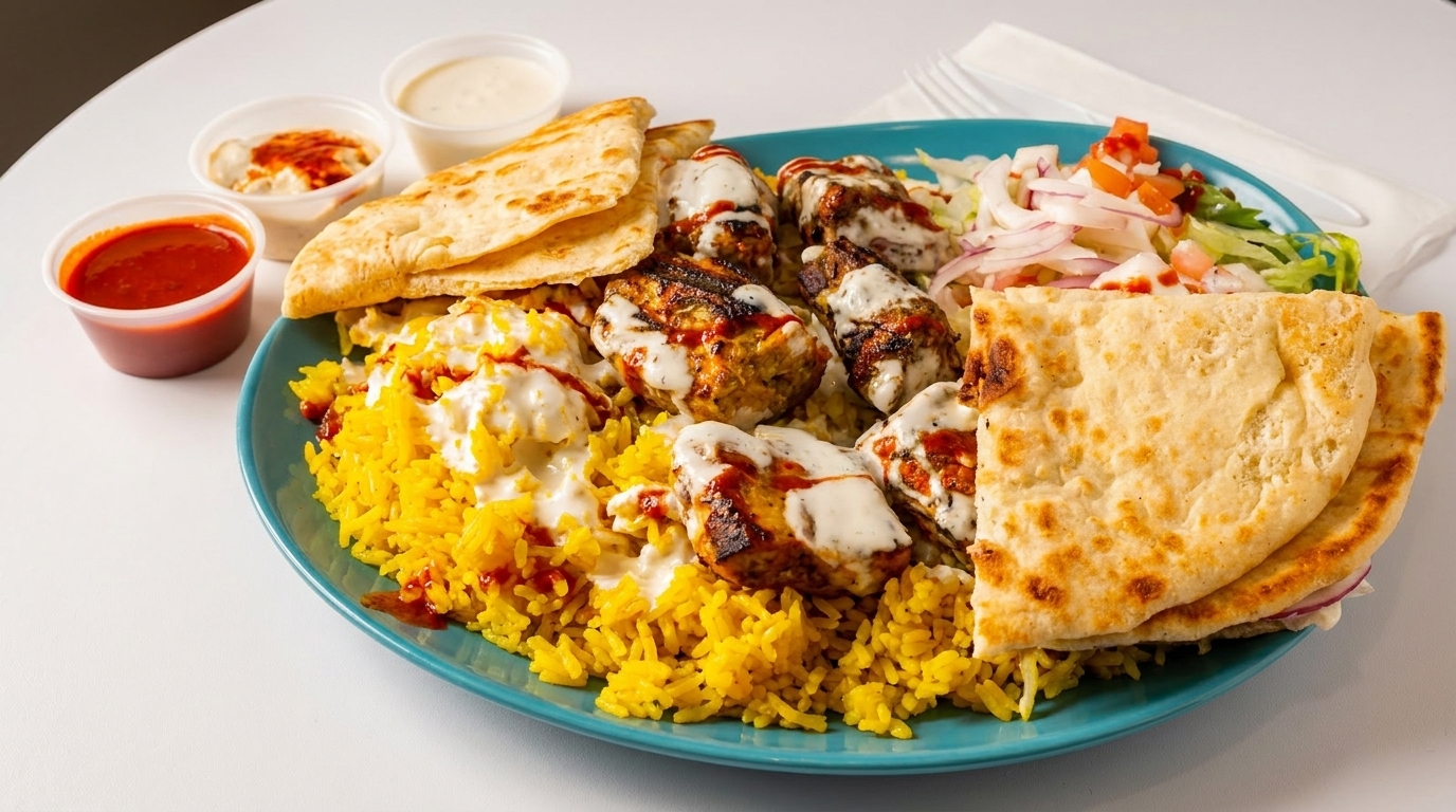 Chicken and rice platter with salad, pita bread, and dipping sauces on a blue plate.