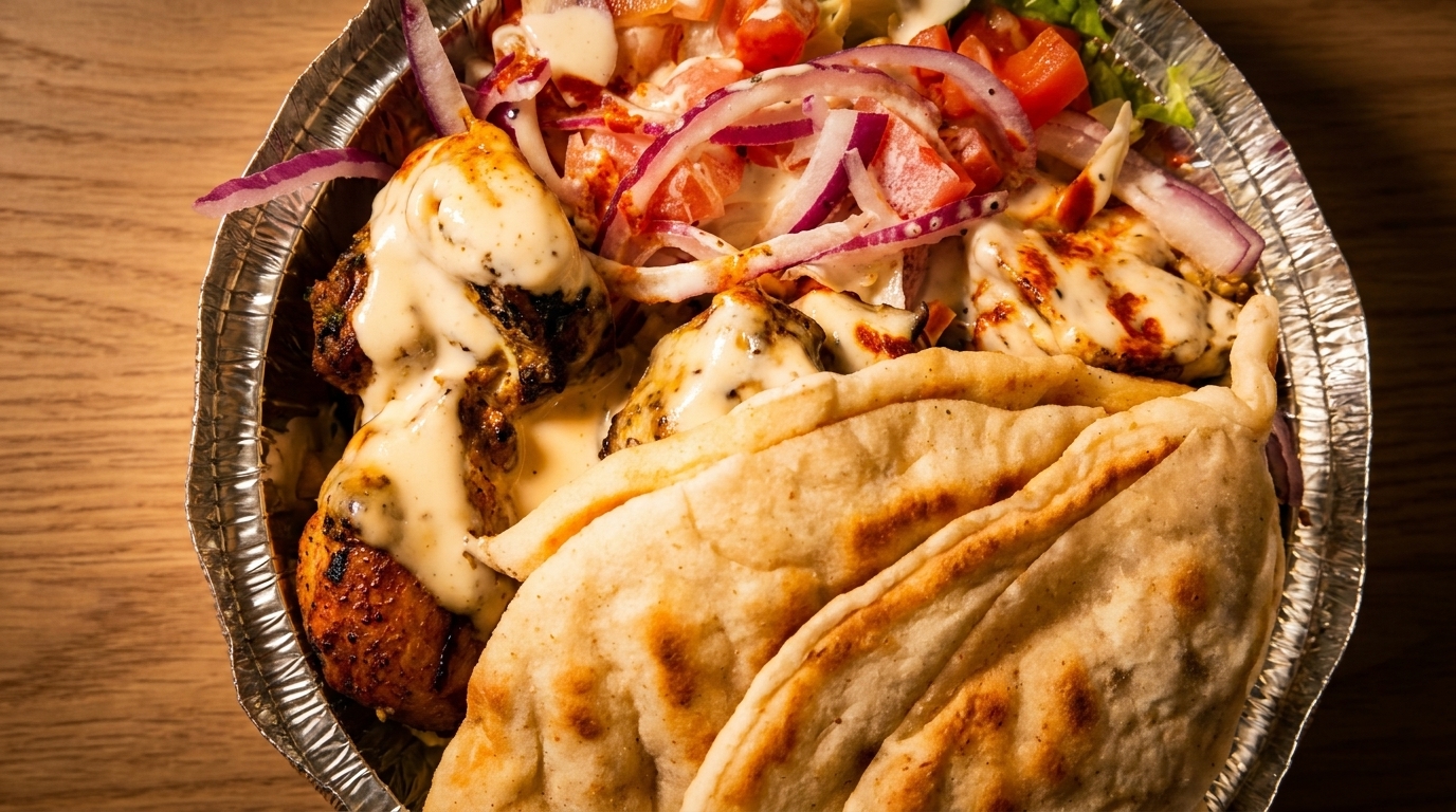 Chicken and salad with red onions and sauce, served with pita bread in a foil container.