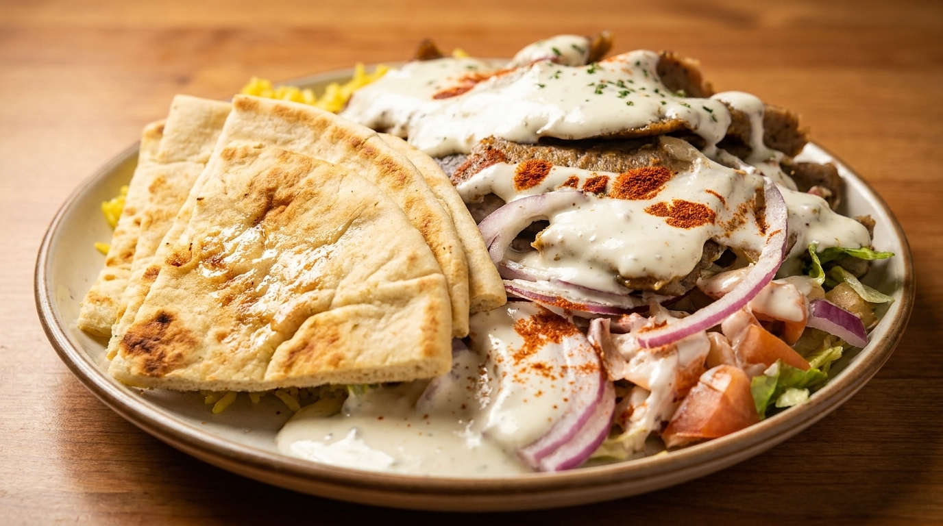 A gyro platter with meat, rice, salad, pita bread, and white sauce on a wooden table.