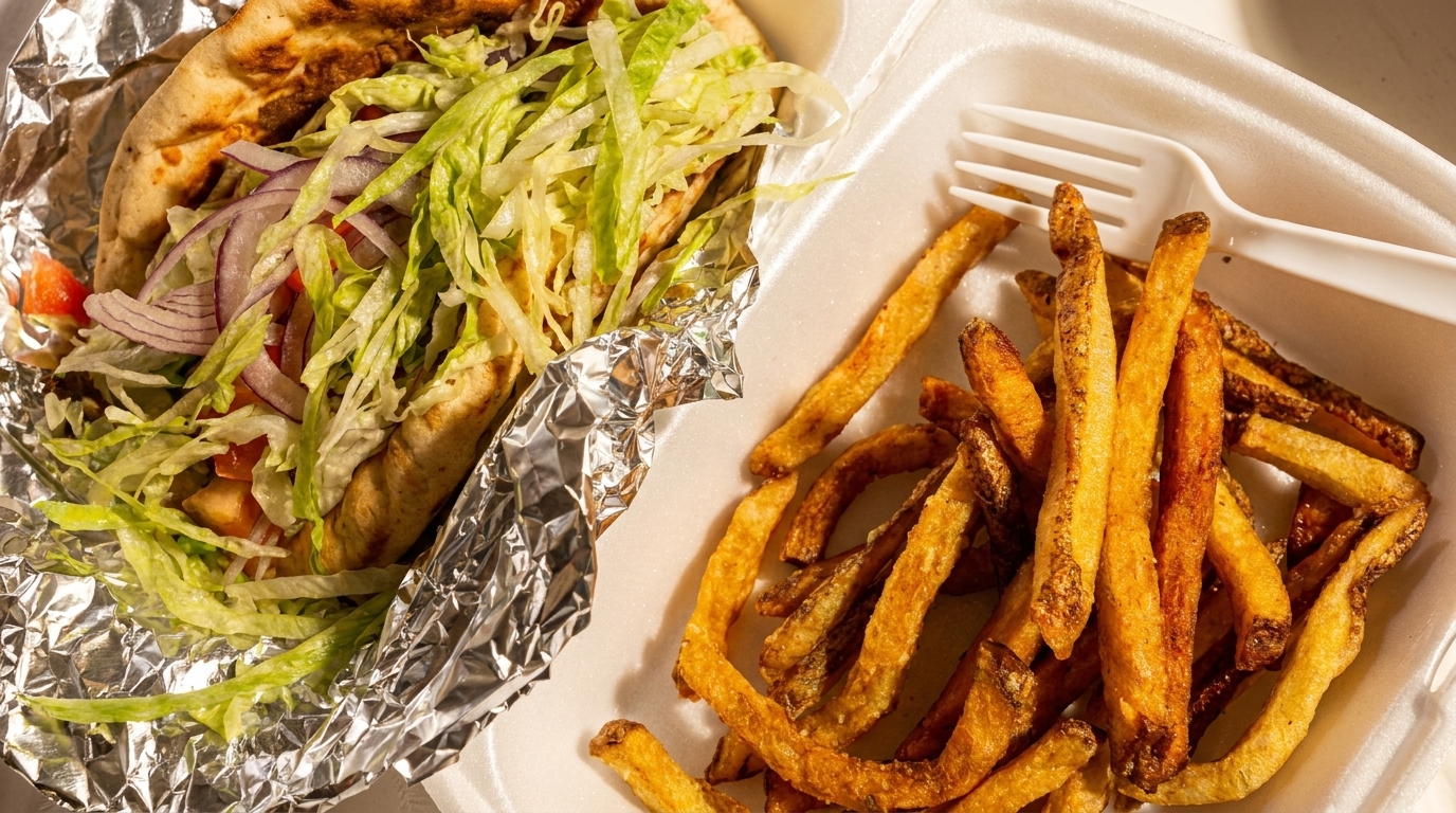 A gyro wrapped in foil with lettuce, onions, and tomatoes, next to a serving of french fries.