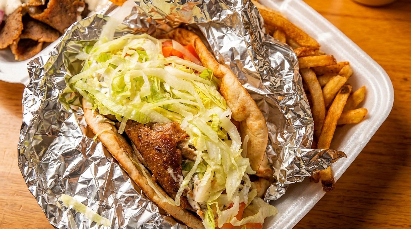 A gyro sandwich wrapped in foil with fries in a white takeout container on a wooden table.