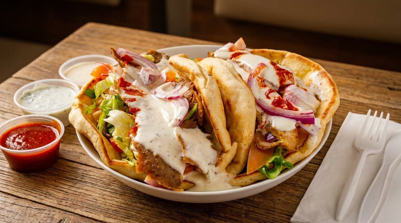 A large bowl of gyros with meat, lettuce, onions, and sauces, alongside three dipping sauces.