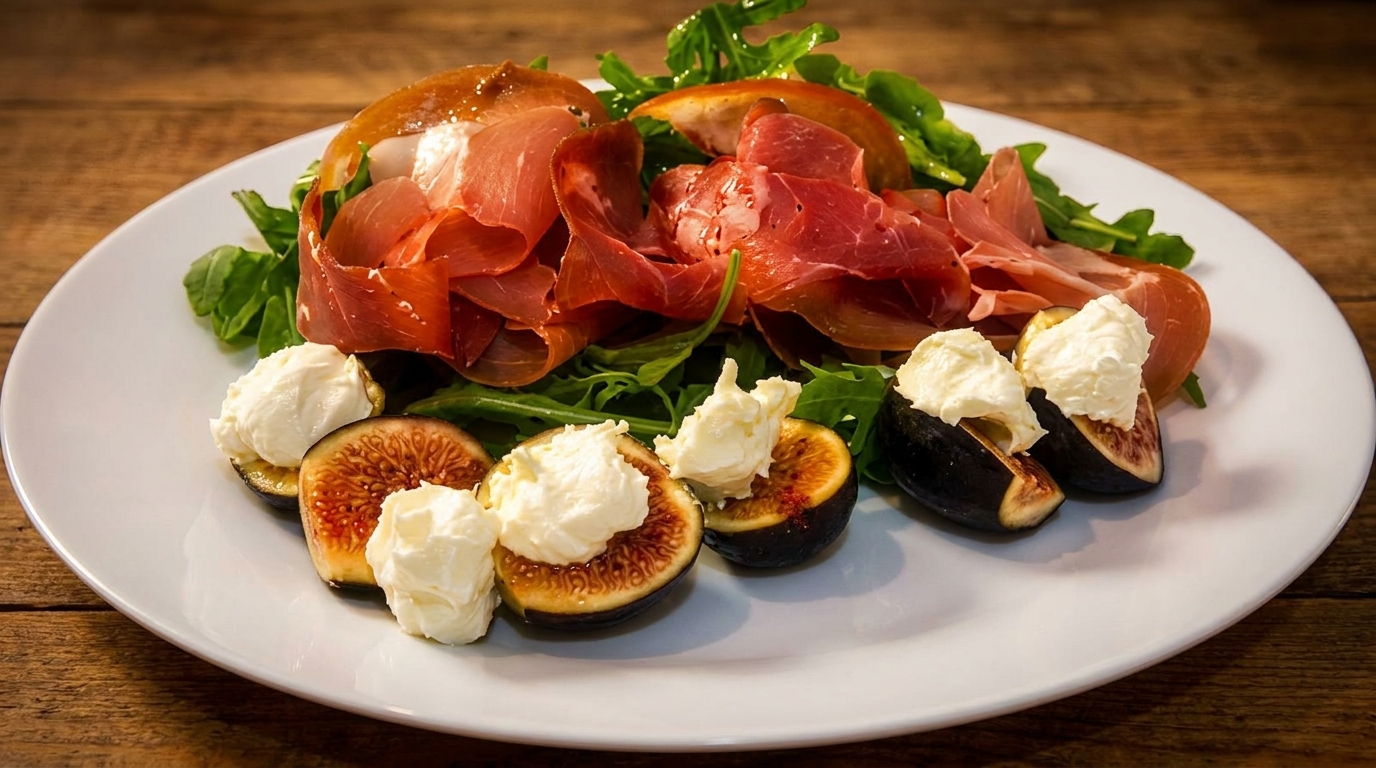 A white plate with prosciutto, arugula, sliced figs topped with white cheese, on a wooden table.