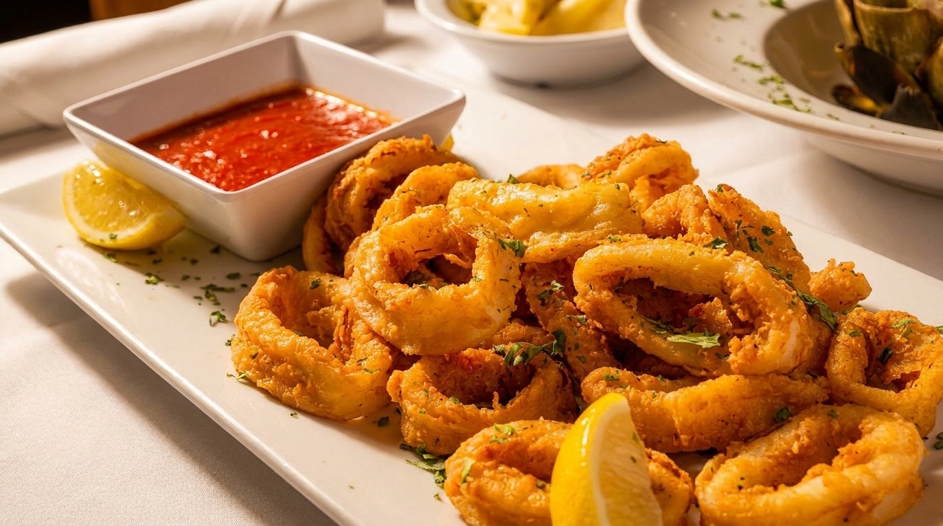Crispy fried calamari rings with lemon wedges and a side of red marinara sauce on a white plate.